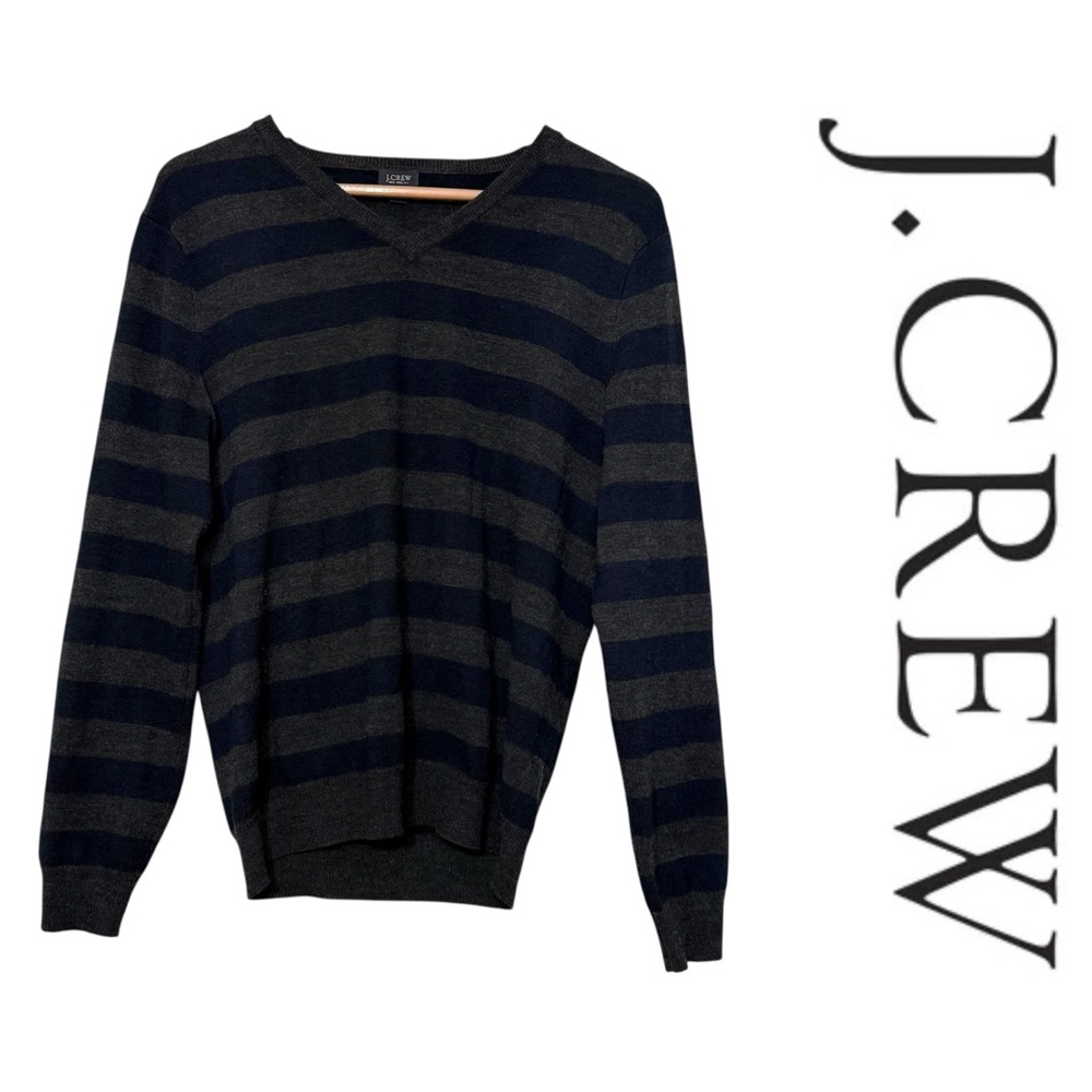 J.‎ Crew 100% Merino Wool Sweater V-Neck Stripe Preppy Business Casual Men’s S